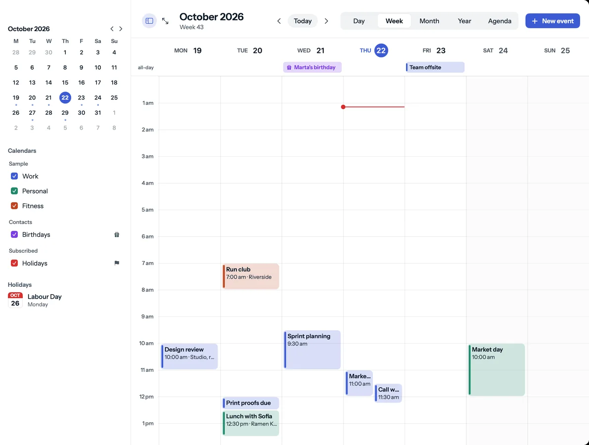 The Mailvie calendar in week view, with events, a birthday and a team offsite across the week and a month picker on the left