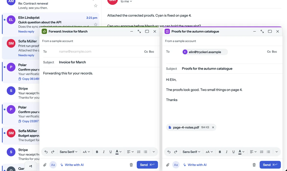 Two emails being written, docked side by side in the bottom right corner of the Mailvie window, each with its own colour, while the email behind stays readable