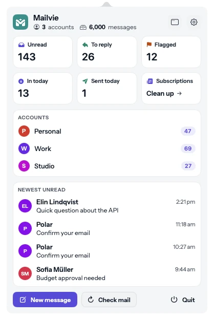 The Mailvie menu bar panel: Unread, To reply, Flagged, In today, Sent today and Subscriptions, each account's unread count and the newest unread mail