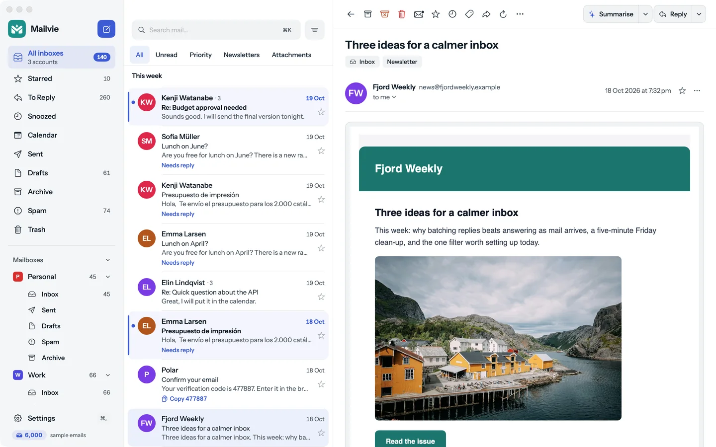 The Mailvie window: three accounts in one inbox on the left, the message list, and a Fjord Weekly newsletter open in the clean reader with a photo of a fjord village