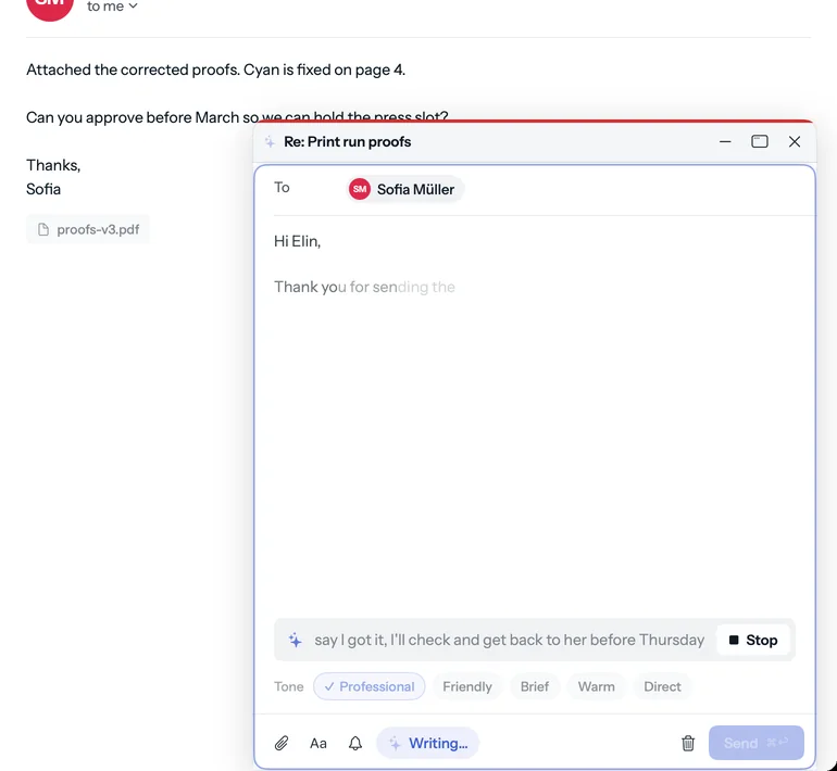 A docked reply while AI writes it: the first words fade in, the Stop button is showing and the tones Professional, Friendly, Brief, Warm and Direct sit under the AI line