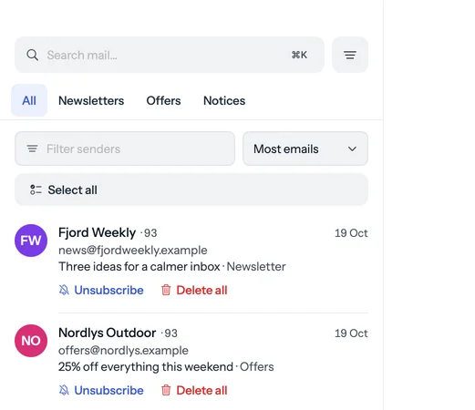 The Subscriptions view: each newsletter sender with how many emails it sent, and Unsubscribe and Delete all under each