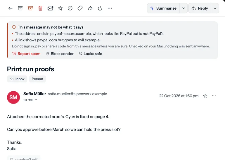 A phishing warning above an email: the address is in paypal-secure.example, which looks like PayPal but is not, and a link shows paypal.com but goes to evil.example